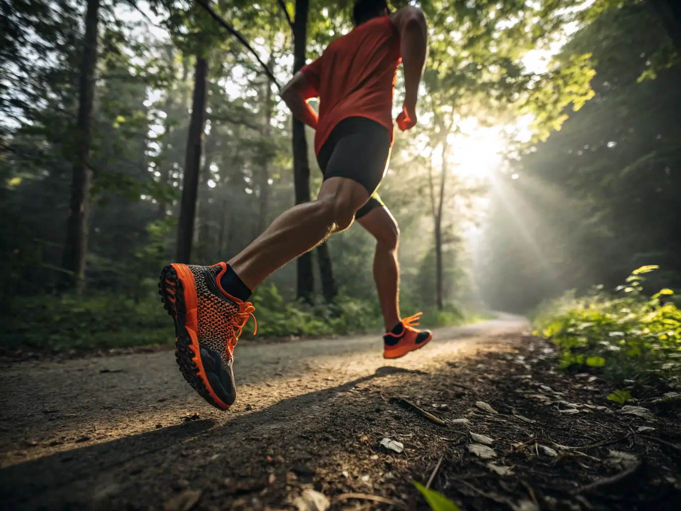 A runner in motion wearing a lightweight jacket and shorts, highlighting the ease of movement and breathability. The background is a scenic running trail.