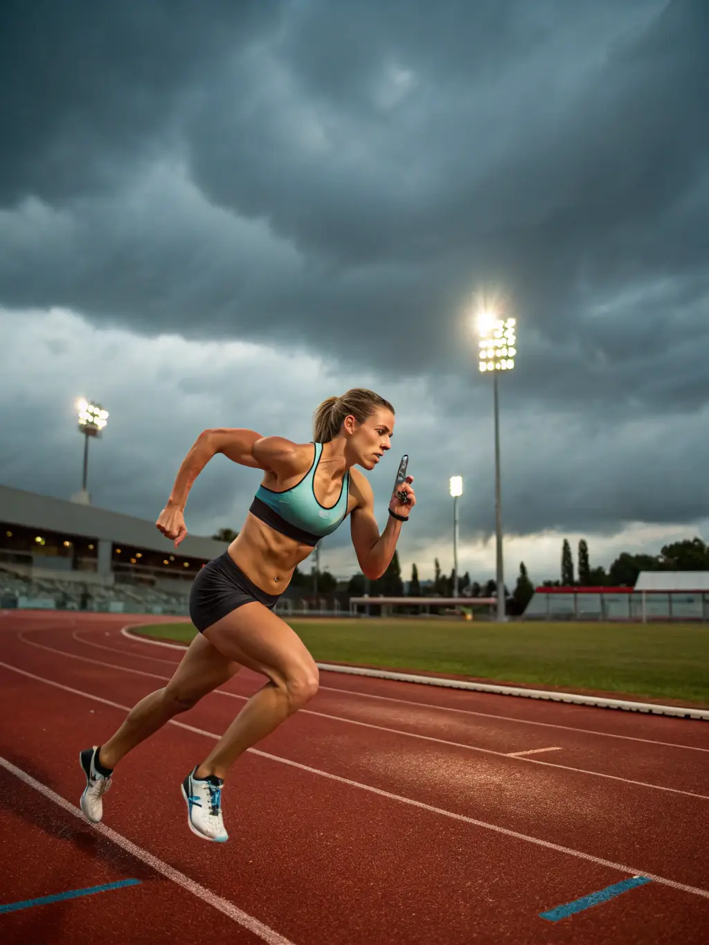 A runner wearing Mostbet SportsWear running apparel on a track, emphasizing speed and agility.
