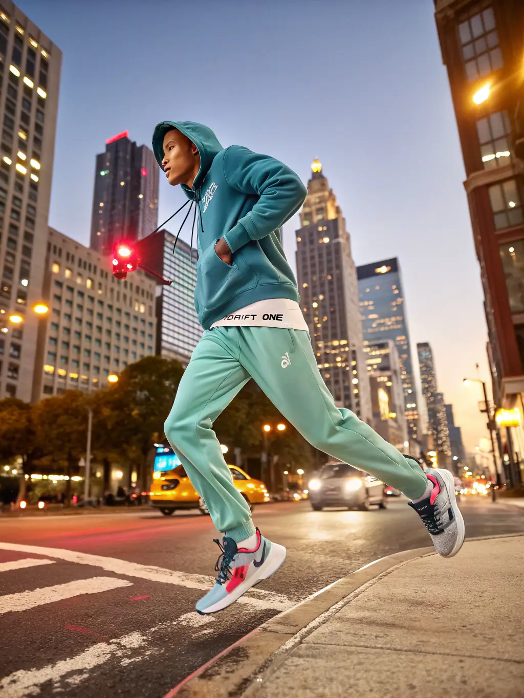 A young person walking in the city wearing joggers and a hoodie, showcasing versatile style and comfort. The scene is a vibrant urban setting.
