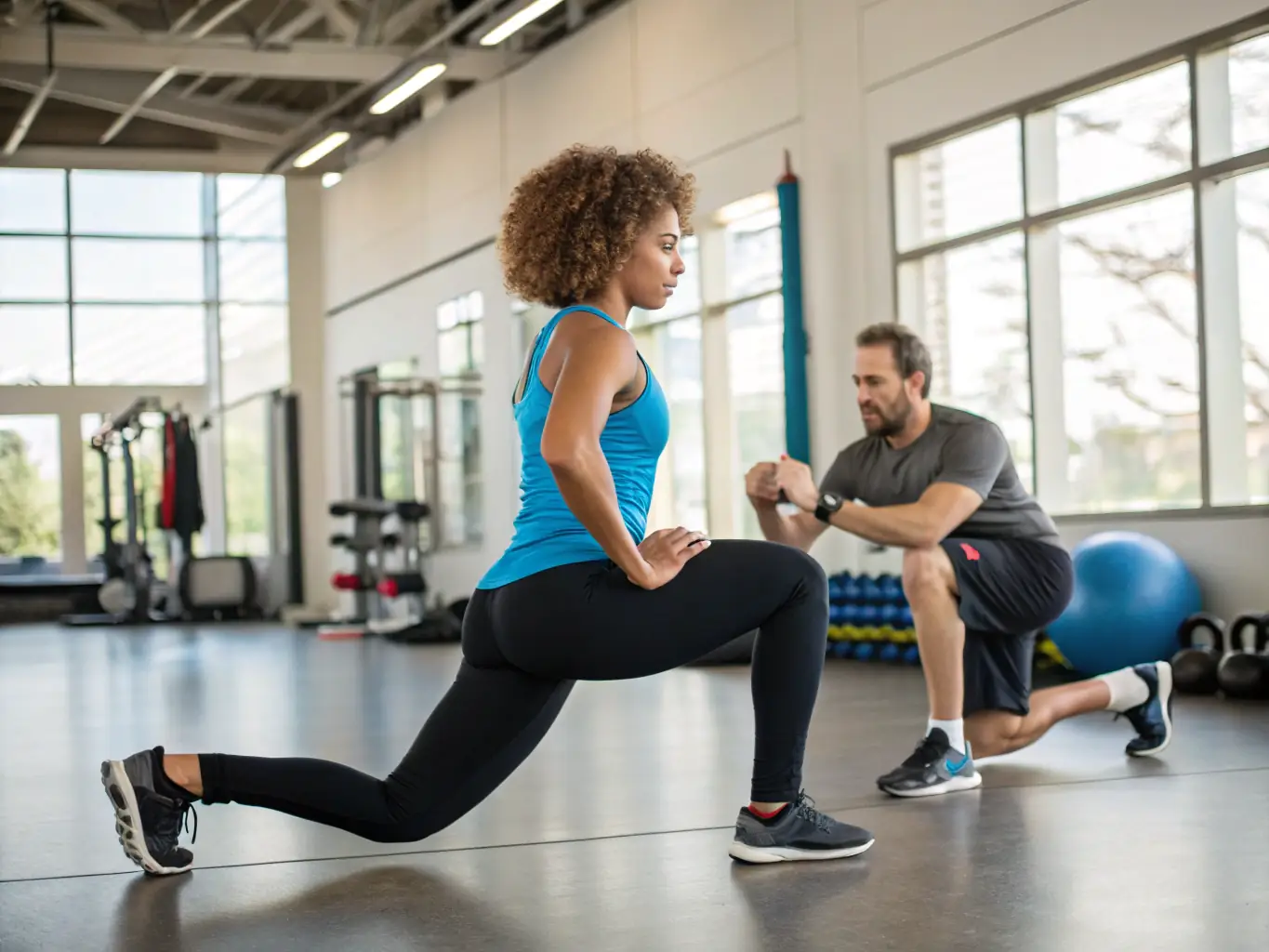 A model wearing a matching set of breathable leggings and a tank top, demonstrating flexibility and comfort during a workout. The background is a modern gym setting.